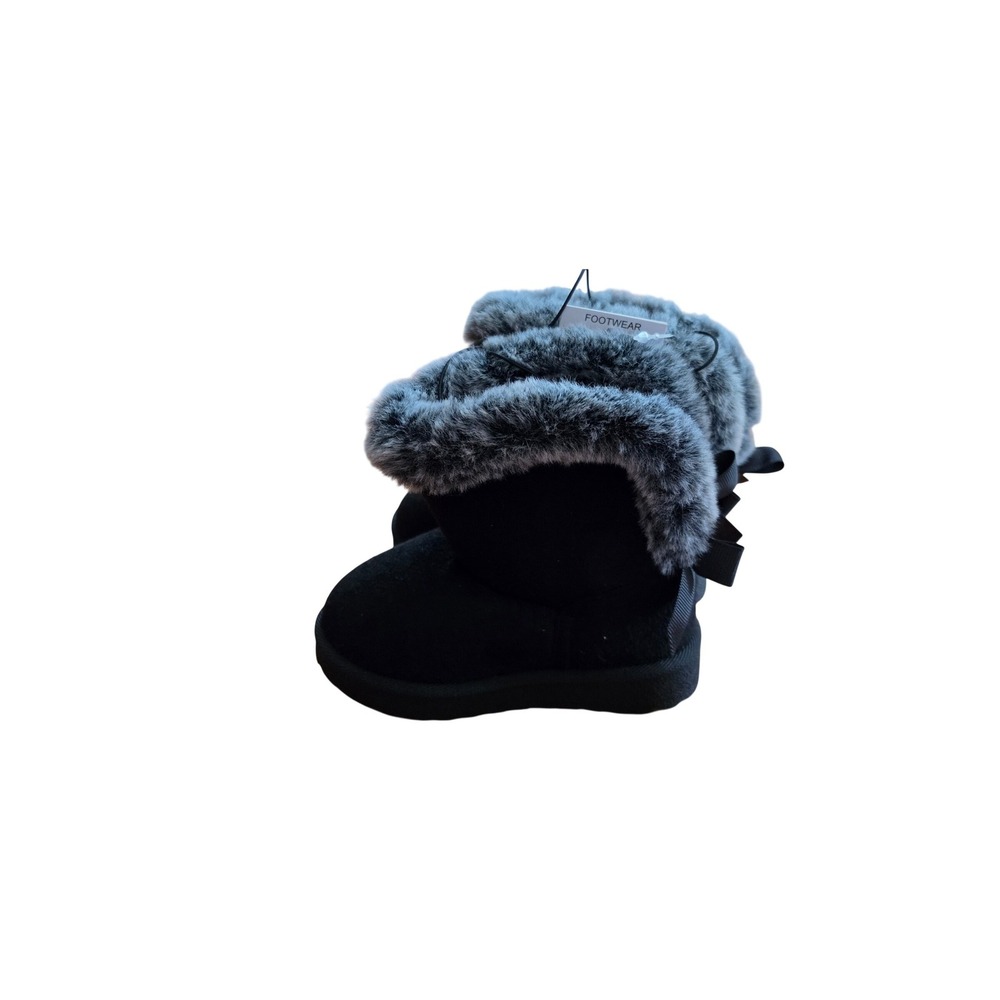 Girls Black Faux Suede Winter Boots Grey Faux Fur Trim Double Bow New 5/6